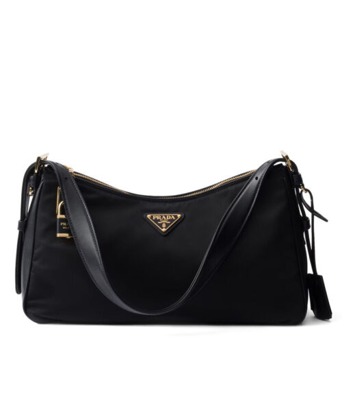 Prada Aimee Large Re-Nylon And Leather Shoulder Bag With Padlock 1BC232 Black